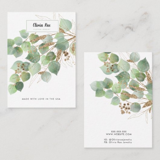 Luxury Greenery Gold Leaf Jewelry Display Kaart Visitekaartje (Voorkant / Achterkant)