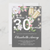 Luxury Grey Champagne Floral 30th Birthday Party Kaart (Voorkant)