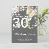 Luxury Grey Champagne Floral 30th Birthday Party Kaart (Staand voorkant)