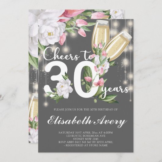 Luxury Grey Champagne Floral 30th Birthday Party Kaart (Voorkant / Achterkant)