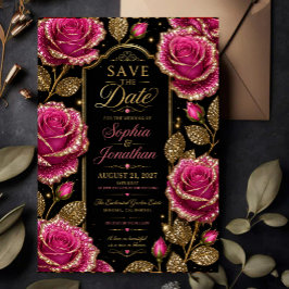 Luxury Hot Pink Glitter Rose Save The Date