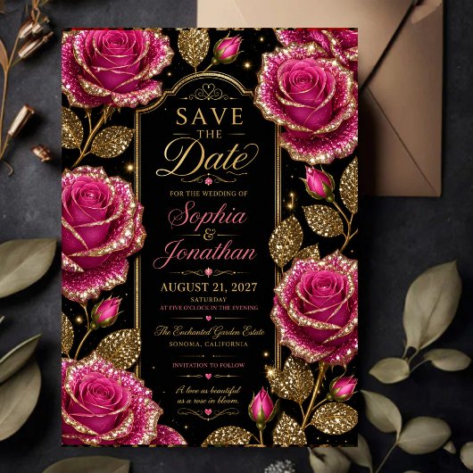 Luxury Hot Pink Glitter Rose Save The Date