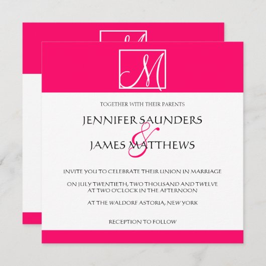 Luxury Hot Pink Monogram Weddenschap Kaart (Voorkant / Achterkant)