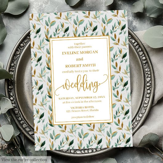 Luxury Hunter Green Gold Leaves Wedding Invitation Kaart