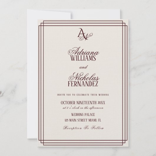 Luxury Ivory Burgundy Monogram Wedding Kaart (Voorkant)