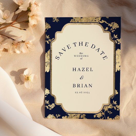 Luxury ivory navy blue gold floral Save the Date  Kaart