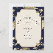 Luxury ivory navy blue gold floral Save the Date  Kaart (Voorkant)