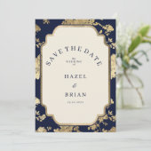 Luxury ivory navy blue gold floral Save the Date  Kaart (Staand voorkant)