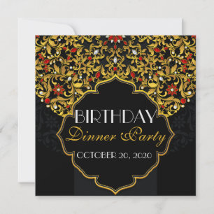Luxury Jeweled Black Red Gold Birthday Dinner Kaart