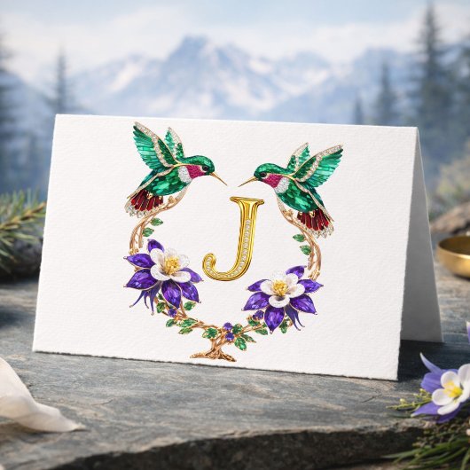 Luxury Jeweled Hummingbird Monogram J Wedding Bedankkaart