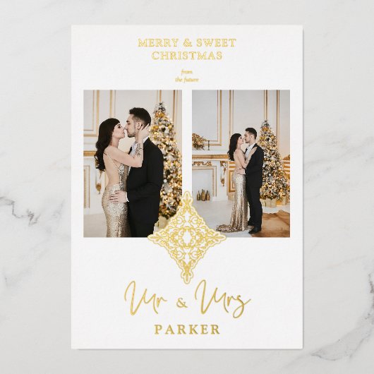 Luxury Lace MR & MRS kerstbruiloft 2 Foto's Folie Uitnodiging (Voorkant)