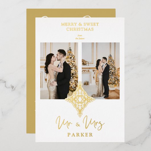 Luxury Lace MR & MRS kerstbruiloft 2 Foto's Folie Uitnodiging (Voorkant / Achterkant)