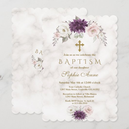 Luxury Lavender Blush Floral Cross Marble Baptisme Kaart (Voorkant / Achterkant)