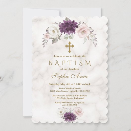 Luxury Lavender Blush Floral Cross Marble Baptisme Kaart (Voorkant)