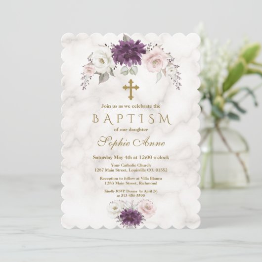Luxury Lavender Blush Floral Cross Marble Baptisme Kaart (Staand voorkant)