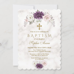 Luxury Lavender Blush Floral Cross Marble Baptisme Kaart