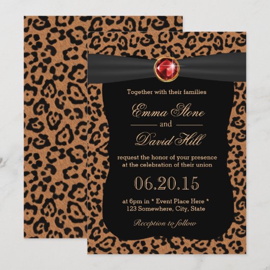 Luxury Leopard Print Ruby Gemstone Wedding Kaart (Voorkant / Achterkant)