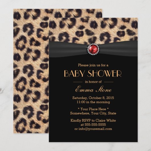 Luxury Leopard Ruby Gem Black Ribbon Baby shower Kaart (Voorkant / Achterkant)