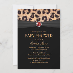 Luxury Leopard Ruby Gem Black Ribbon Baby shower Kaart