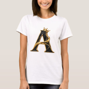 Luxury Letter A T-shirt   Zwarte Gouden Kroon Init