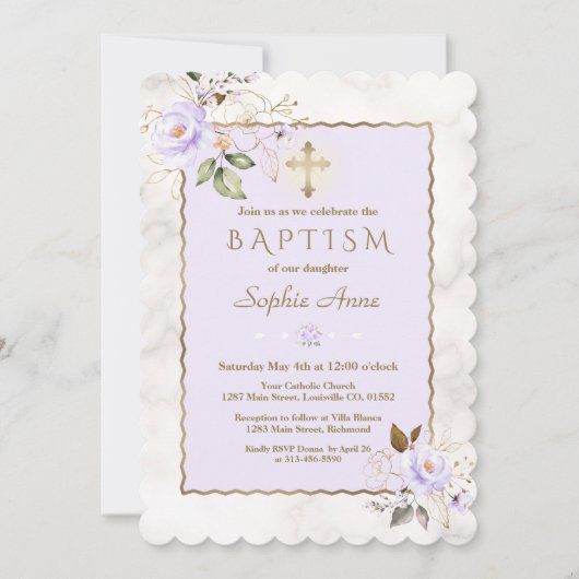 Luxury Light Paars Gold Flowers Marble Baptisme Kaart (Voorkant)