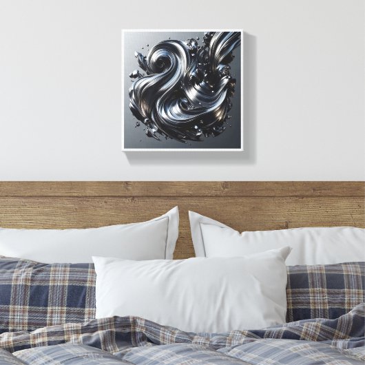 Luxury Liquid Silver Wave - 3D Metallic Fluid Abst Canvas Afdruk (Insitu (Slaapkamer))