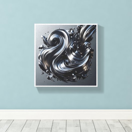 Luxury Liquid Silver Wave - 3D Metallic Fluid Abst Canvas Afdruk (Insitu (Houten vloer))