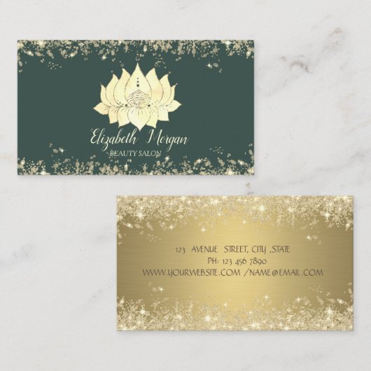 Luxury Lotus Flower Gold Glitter Dust Sage Green Visitekaartje (Voorkant / Achterkant)