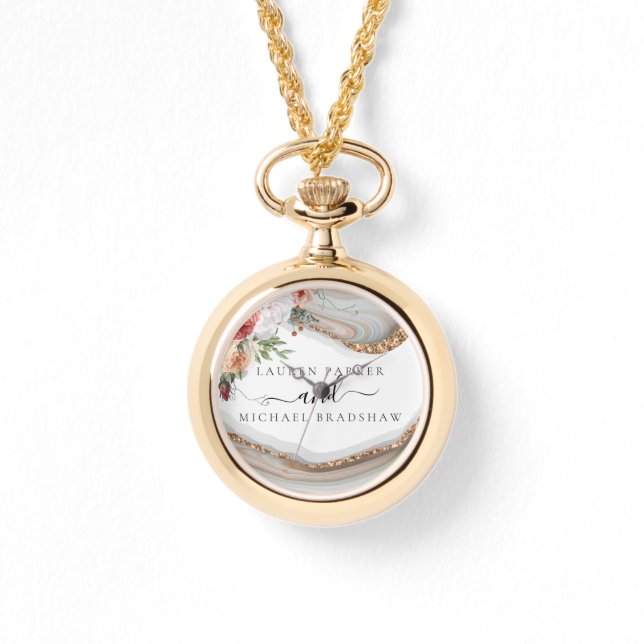 Luxury Marble Floral Glitter Wedding Gift Horloge (Voorkant)