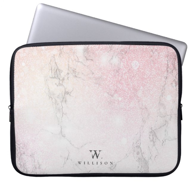 Luxury Marble Glitter monogram Laptop Sleeve (Voorkant)