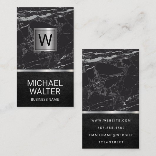Luxury Marble | Silver Metallic Monogram Visitekaartje (Voorkant / Achterkant)
