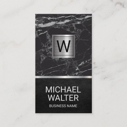 Luxury Marble | Silver Metallic Monogram Visitekaartje (Voorkant)