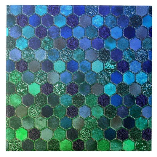 Luxury Metal Foil Glitter Blue Green honingraat Tegeltje (Voorkant)