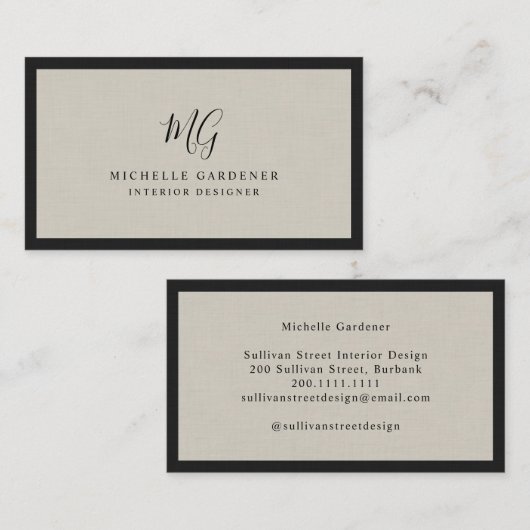Luxury Minimal Monogram Linen Visitekaartje (Voorkant / Achterkant)