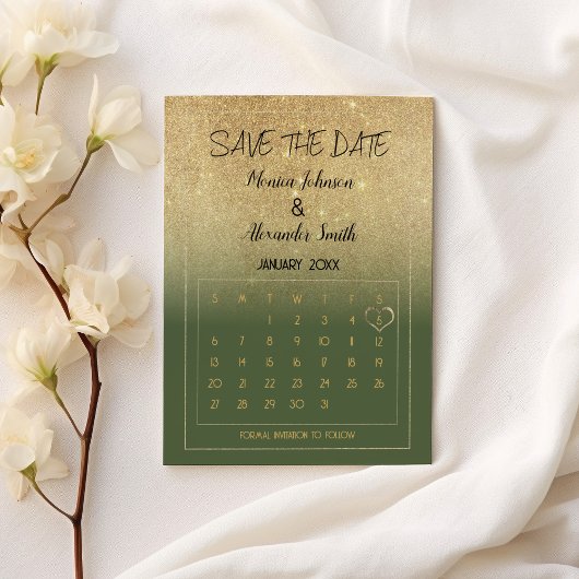 Luxury Mint Gold Glitter Calendar Save the Date Aankondigingskaart
