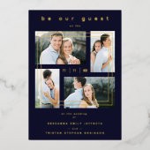 Luxury Modern 4 Photos Collage Navy Blue Folie Uitnodiging (Voorkant)