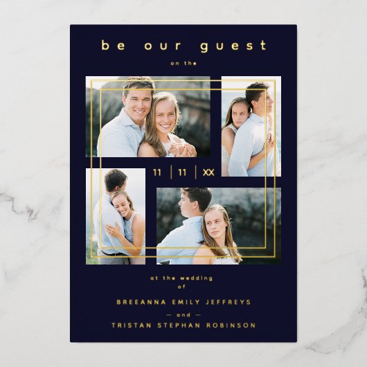 Luxury Modern 4 Photos Collage Navy Blue Folie Uitnodiging (Voorkant)