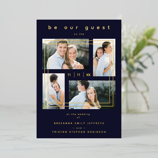 Luxury Modern 4 Photos Collage Navy Blue Folie Uitnodiging (Staand Voorkant)