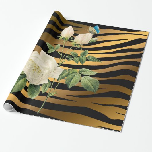 Luxury Modern Black Gold Roos Tigar Cadeaupapier (Uitgerold)