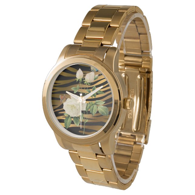 Luxury Modern Black Gold Roos Tigar Horloge (Gekanteld)
