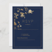 Luxury modern gold floral navy blue RSVP Kaart (Voorkant)