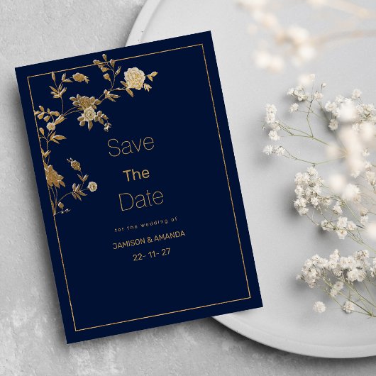 Luxury modern gold floral navy blue Save The Date Kaart