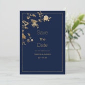 Luxury modern gold floral navy blue Save The Date Kaart (Staand voorkant)
