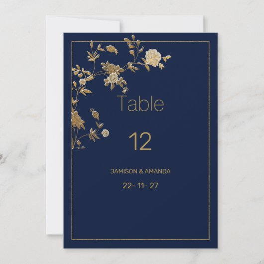 Luxury modern gold floral navy blue Table Numbers Kaart (Voorkant)