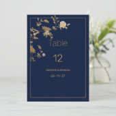 Luxury modern gold floral navy blue Table Numbers Kaart (Staand voorkant)