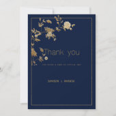Luxury modern gold floral navy blue Thank You Kaart (Voorkant)