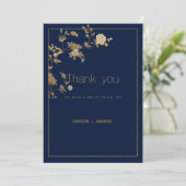 Luxury modern gold floral navy blue Thank You Kaart (Staand voorkant)