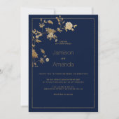 Luxury modern gold floral navy blue Wedding Kaart (Voorkant)