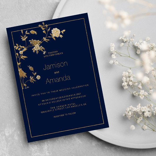 Luxury modern gold floral navy blue Wedding Kaart