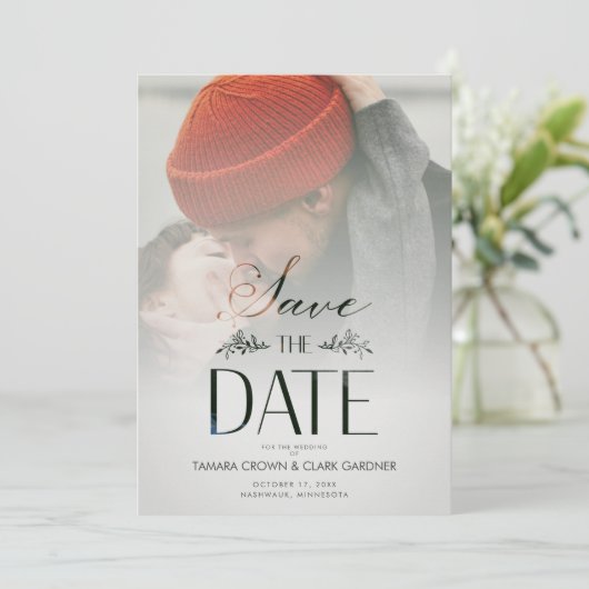 Luxury Modern Transparency Wedding Photo Script Save The Date (Staand voorkant)